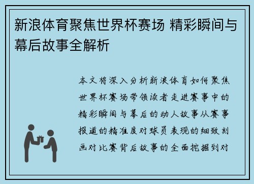 新浪体育聚焦世界杯赛场 精彩瞬间与幕后故事全解析